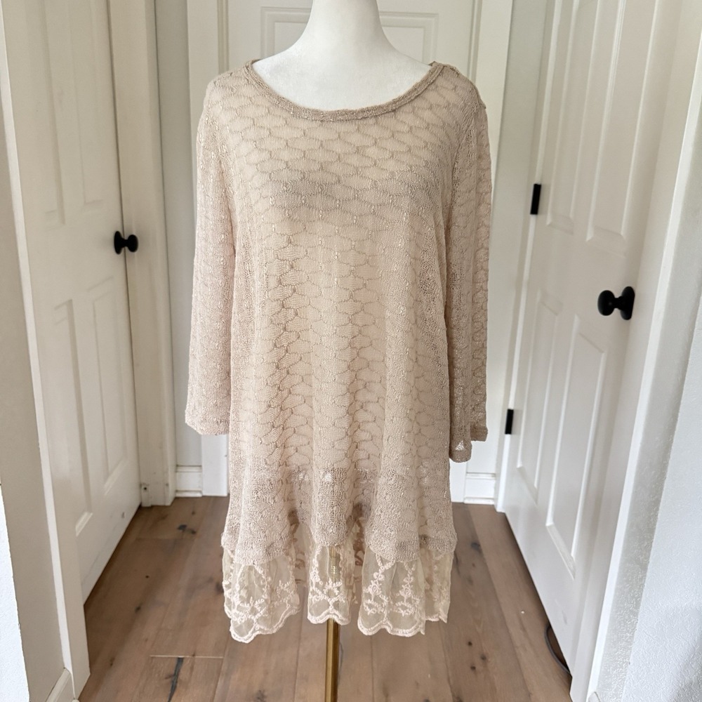 Krazy Kat Sz L Cream Open Knit Long Sleeve Lace Tunic Sweater Cottagecore Fairy